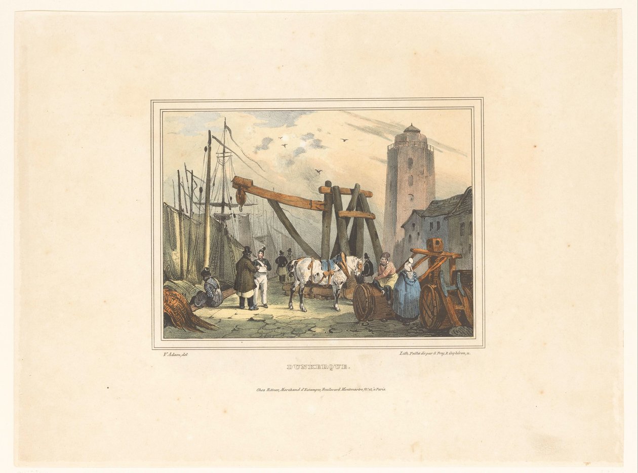 Hamnen i Dunkirk Dunkerque (titel på objekt) Dräkter för invånarna i hamnstäderna (serietitel) Costumes de marins, designs dans les ports (serietitel) av Victor Adam