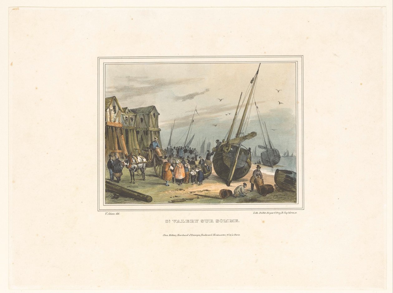 Stranden i Saint-Valery-sur-Somme St. Valery sur Somme (titel på objekt) Dräkter för invånarna i hamnstäderna (serietitel) Costumes de marins, dessinés dans les ports (serietitel) av Victor Adam