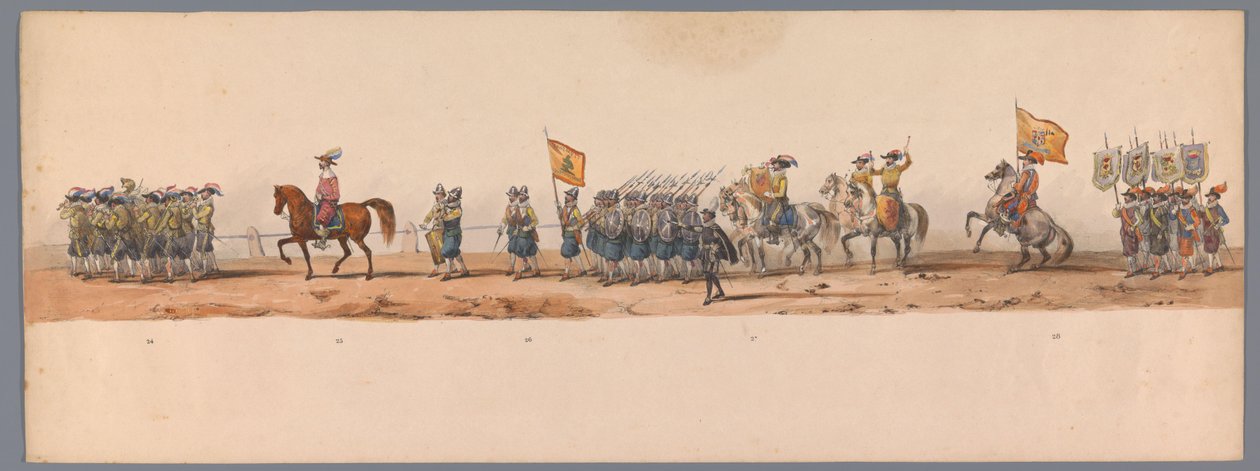 Historisk procession vid det andra hundraårsjubileet av Utrecht University of Applied Sciences, 1836 (skylt 7) Nederländska arméernas närmande till Oostende den 3 juli 1600, dagen efter segern vid Nieuwpoort; enligt den av H H Student givna kostymframställ av Victor Adam