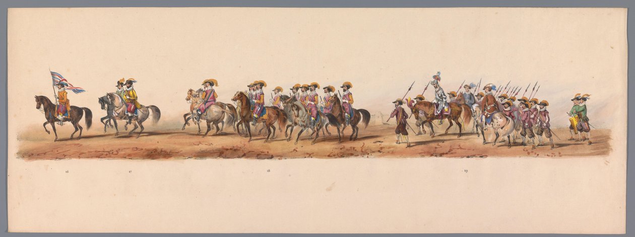 Historisk procession vid det andra hundraårsjubileet av Utrecht University of Applied Sciences, 1836 (skylt 5) Nederländska arméernas närmande till Oostende, den 3 juli 1600, dagen efter segern vid Nieuwpoort; enligt den av H H Student givna kostymframstäl av Victor Adam