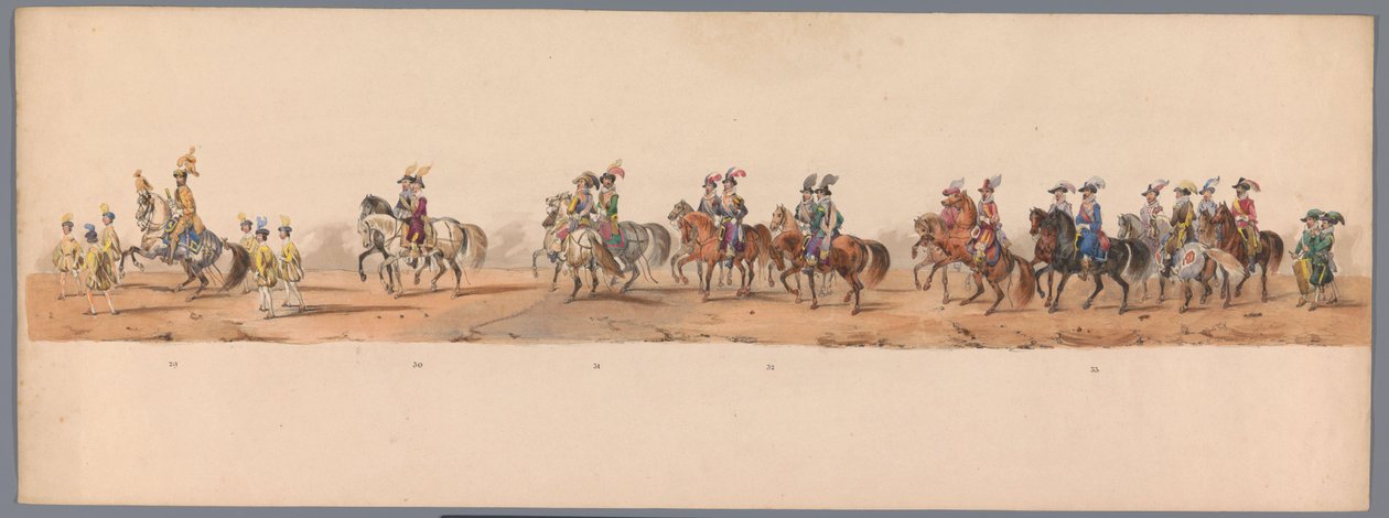 Historisk procession vid Utrechts universitets andra hundraårsjubileum, 1836 (skylt 8) Nederländska arméns mars till Ostende den 3 juli 1600, dagen efter segern vid Nieuwpoort; enligt den klädda föreställningen som H H Student gav av Victor Adam