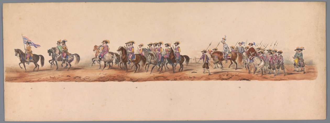 Historisk procession vid det andra hundraårsjubileet av Utrecht University of Applied Sciences, 1836 (skylt 5) Nederländska arméernas närmande till Oostende den 3 juli 1600, dagen efter segern vid Nieuwpoort; enligt den av H H Student givna kostymframställ av Victor Adam