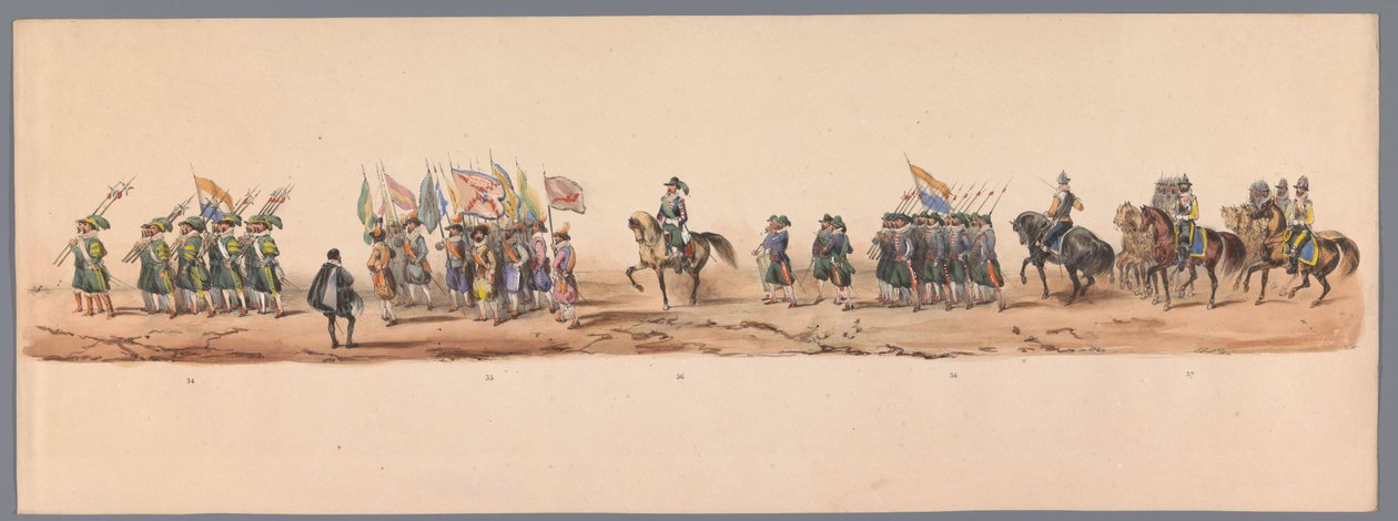 Historisk procession vid Utrechts universitets andra hundraårsjubileum, 1836 (skylt 9) Nederländska arméns mars till Ostende den 3 juli 1600, dagen efter segern vid Nieuwpoort; enligt den klädda föreställningen som H H Student gav av Victor Adam