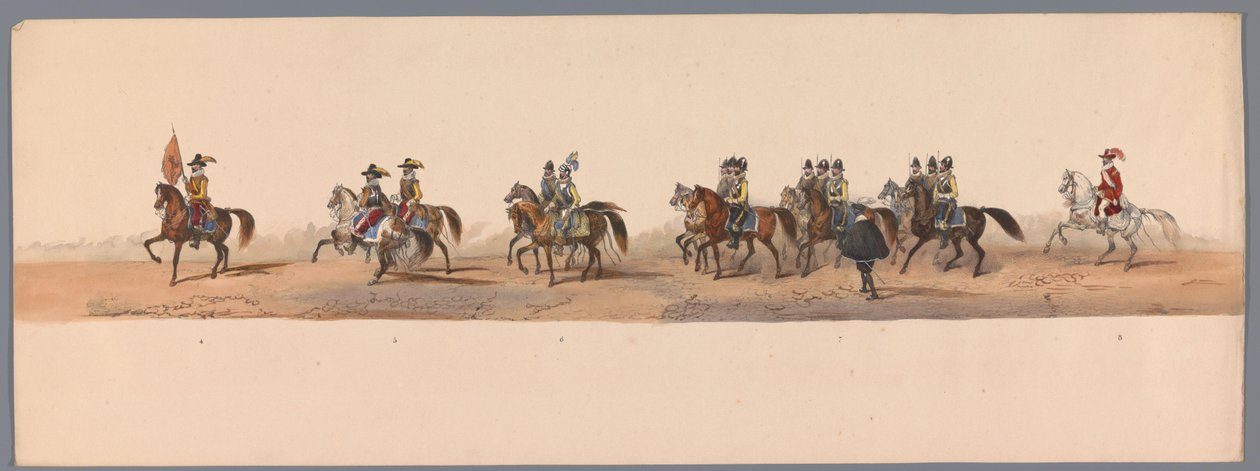 Historisk procession vid det andra hundraårsjubileet av Utrecht University of Applied Sciences, 1836 (skylt 2) Nederländska arméernas närmande till Oostende, den 3 juli 1600, dagen efter segern vid Nieuwpoort; enligt den av H H Student givna kostymframstäl av Victor Adam