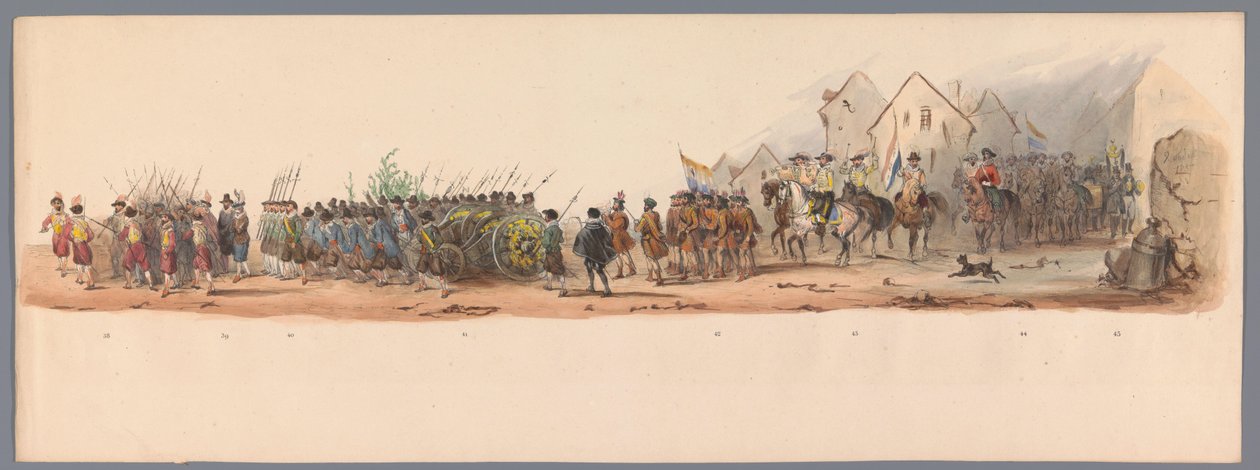 Historisk procession vid det andra hundraårsjubileet av Utrecht University of Applied Sciences, 1836 (skylt 10) Nederländska arméernas närmande till Oostende den 3 juli 1600, dagen efter segern vid Nieuwpoort; enligt den kostymerade presentationen, given a av Victor Adam