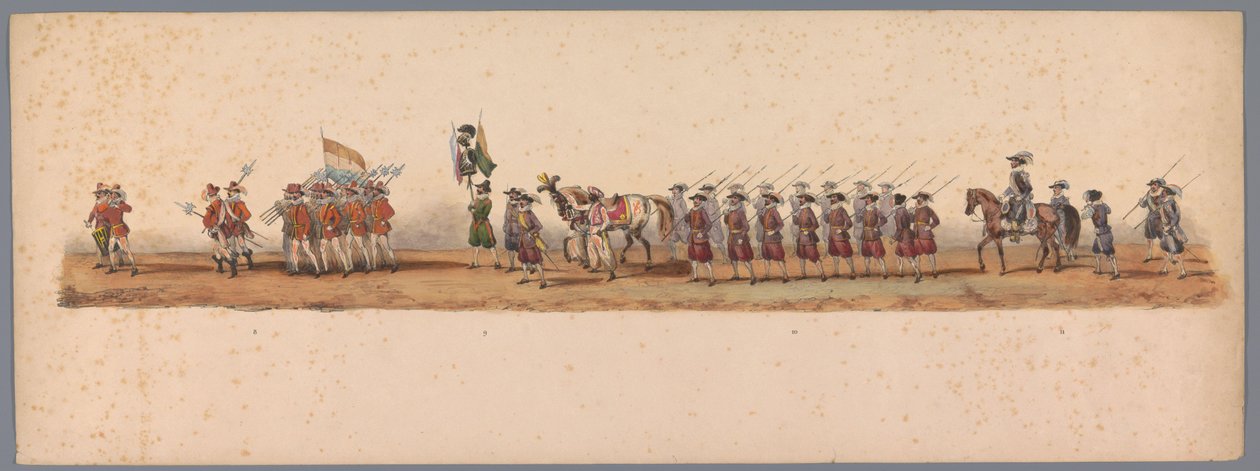 Historisk procession vid det andra hundraårsjubileet av Utrecht University of Applied Sciences, 1836 (skylt 3) Nederländska arméernas närmande till Oostende den 3 juli 1600, dagen efter segern vid Nieuwpoort; enligt den av H H Student givna kostymframställ av Victor Adam