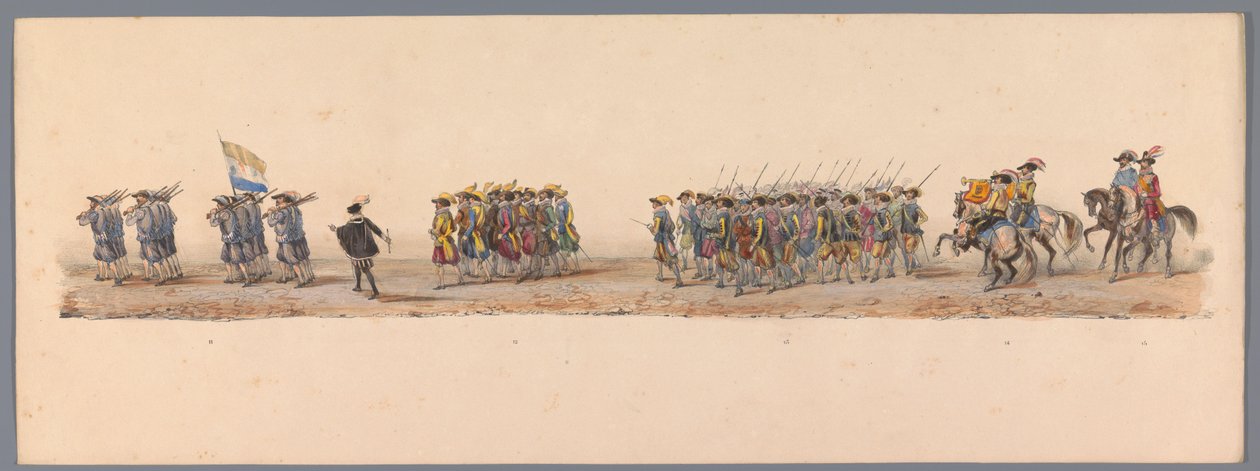 Historisk procession vid det andra hundraårsjubileet av Utrecht University of Applied Sciences, 1836 (skylt 4) Nederländska arméernas närmande till Oostende, den 3 juli 1600, dagen efter segern vid Nieuwpoort; enligt den av H H Student givna kostymframstäl av Victor Adam