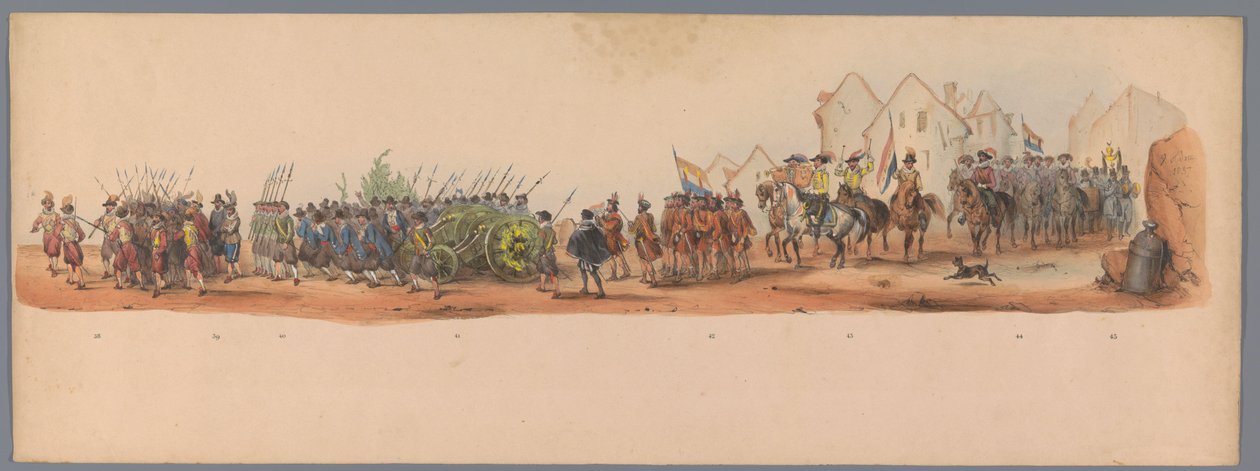 Historisk procession vid det andra hundraårsjubileet av Utrecht University of Applied Sciences, 1836 (skylt 10) Nederländska arméernas närmande till Oostende den 3 juli 1600, dagen efter segern vid Nieuwpoort; enligt den klädda framställningen, gifven af ​ av Victor Adam