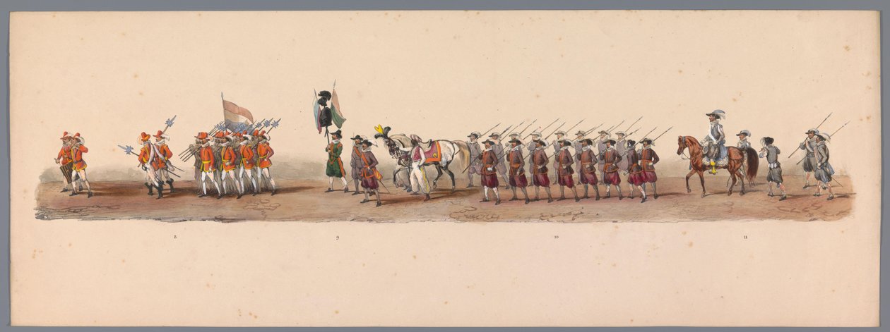 Historisk procession vid det andra hundraårsjubileet av Utrecht University of Applied Sciences, 1836 (skylt 3) Nederländska arméernas närmande till Oostende, den 3 juli 1600, dagen efter segern vid Nieuwpoort; enligt den av H H Student givna kostymframstäl av Victor Adam