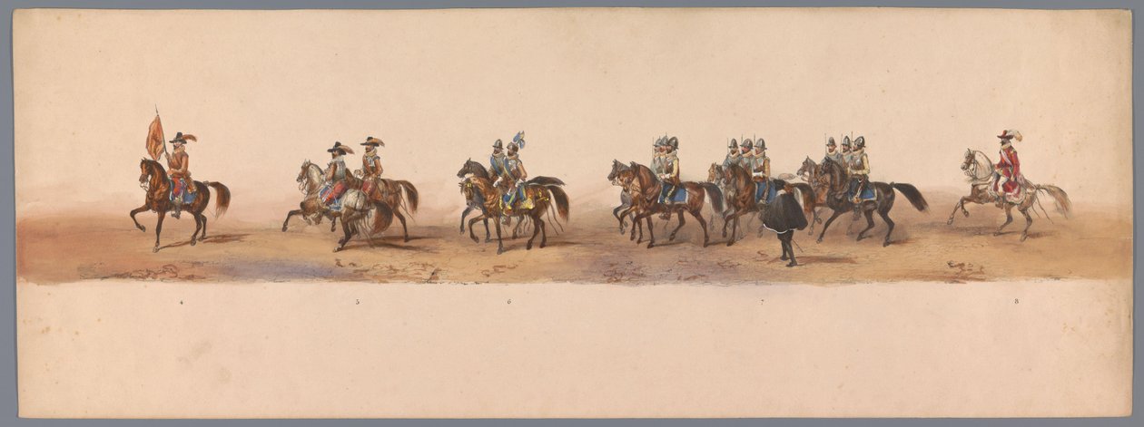 Historisk procession vid det andra hundraårsjubileet av Utrecht University of Applied Sciences, 1836 (skylt 2) Nederländska arméernas närmande till Oostende den 3 juli 1600, dagen efter segern vid Nieuwpoort; enligt den av H H Student givna kostymframställ av Victor Adam