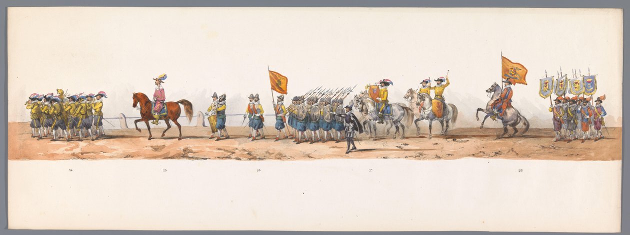 Historisk procession vid det andra hundraårsjubileet av Utrecht University of Applied Sciences, 1836 (skylt 7) Nederländska arméernas närmande till Oostende den 3 juli 1600, dagen efter segern vid Nieuwpoort; enligt den av H H Student givna kostymframställ av Victor Adam