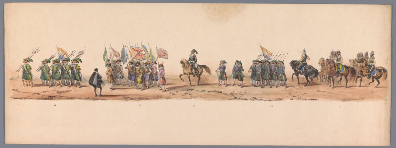 Historisk procession vid det andra hundraårsjubileet av Utrecht University of Applied Sciences, 1836 (skylt 9) Nederländska arméernas närmande till Oostende, den 3 juli 1600, dagen efter segern vid Nieuwpoort; enligt den av H H Student givna kostymframstäl av Victor Adam