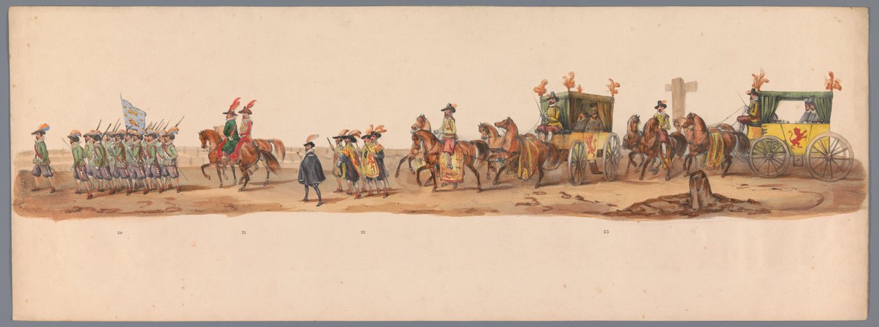 Historisk procession vid det andra hundraårsjubileet av Utrecht University of Applied Sciences, 1836 (skylt 6) Nederländska arméernas närmande till Oostende den 3 juli 1600, dagen efter segern vid Nieuwpoort; enligt den av H H Student givna kostymframställ av Victor Adam
