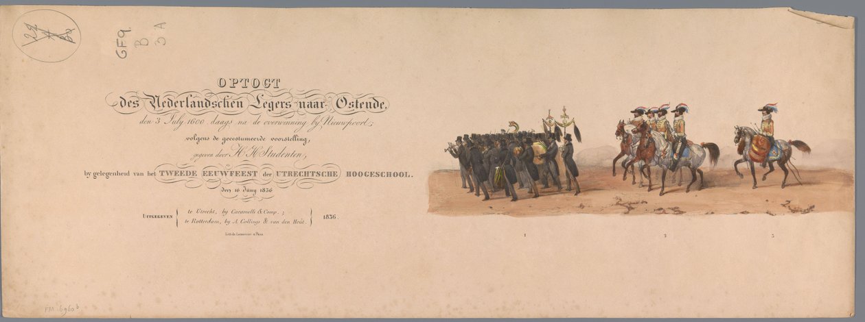 Historisk procession vid Utrechts universitets andra hundraårsjubileum, 1836 (titeltryck) Nederländska arméns mars till Ostende den 3 juli 1600, dagen efter segern vid Nieuwpoort; enligt den kostymerade föreställningen som ges av H H Stud av Victor Adam