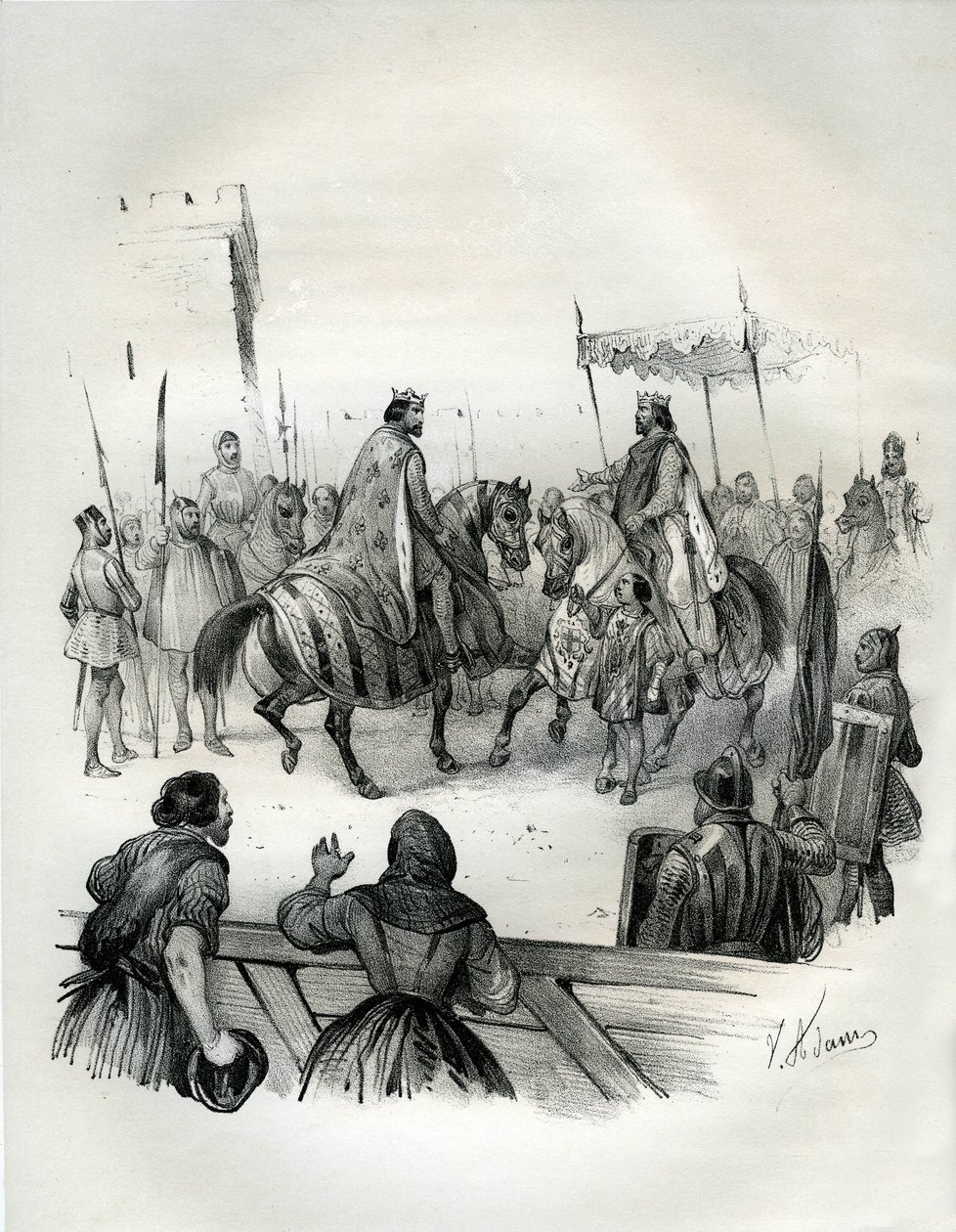 Intervju år 1023 mellan Henri 2 (känd som den lame och helgonet, 973-1024), tysk kejsare (hertig av Baviere och kung av Germanien) och Robert 2 den Pieux (970-1031), kung av Frankrike från 996 till sin död. Robert var son till Hugues Capet, vars kröning i av Victor Adam