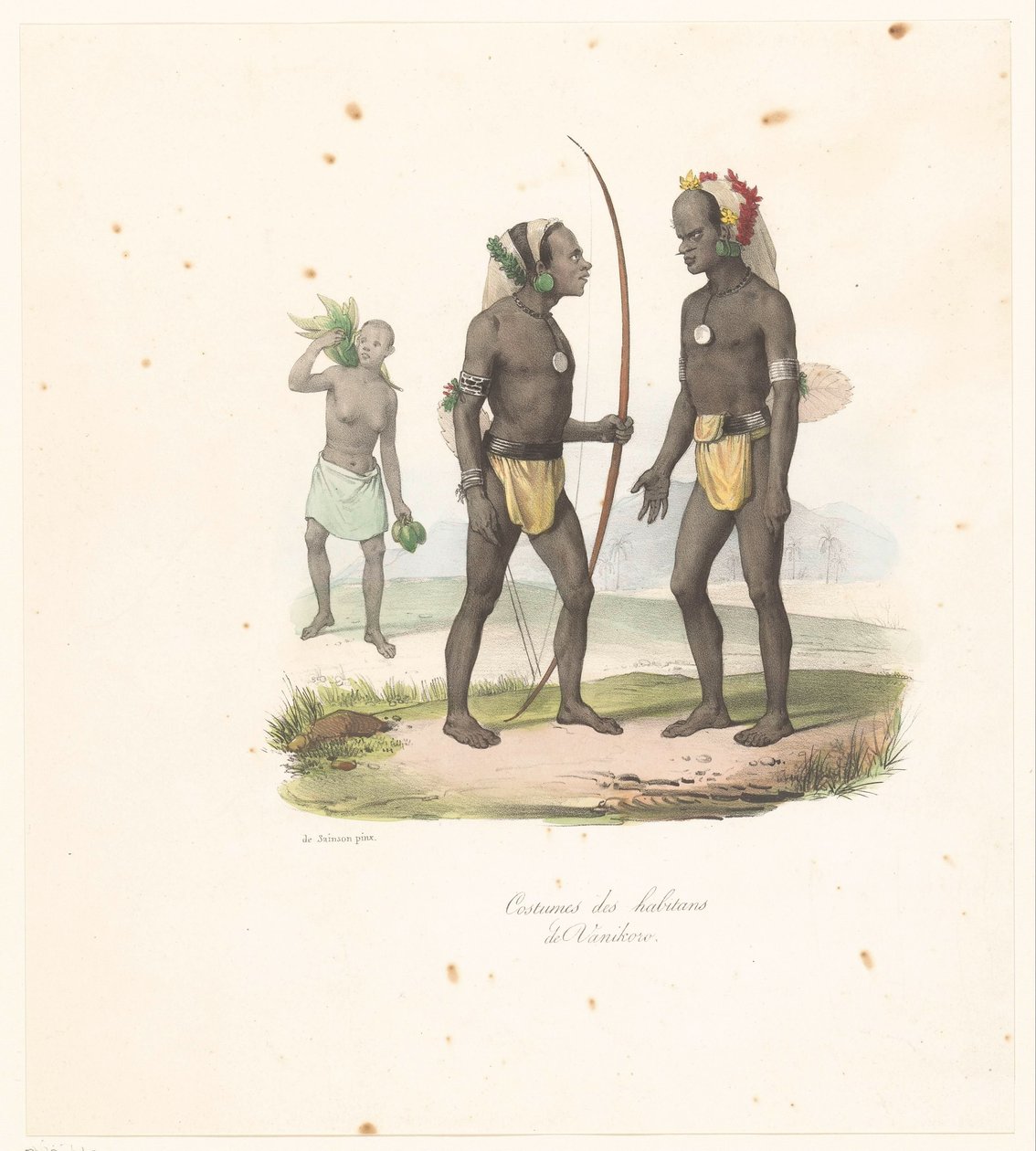 Kläder för invånarna i Vanikoro Costumes des habitans de Vanikoro (titel på objekt) Exploration of the Astrolabe (serietitel) Voyage de découvertes de l