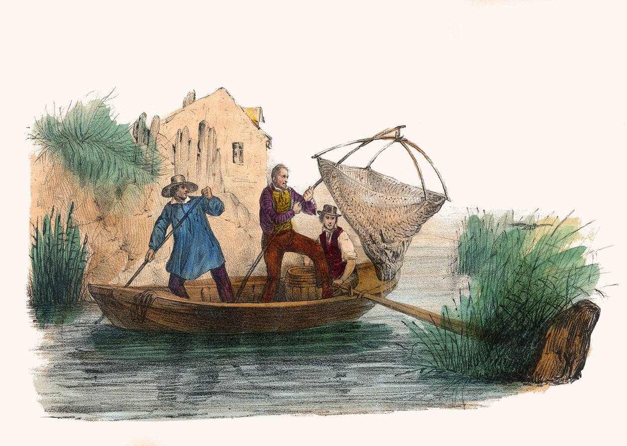 La Peche. i "" Album Grotesque, Choices of Outstanding Types", illustrationer av Victor Adam, Paris, cirka 1850. av Victor Adam