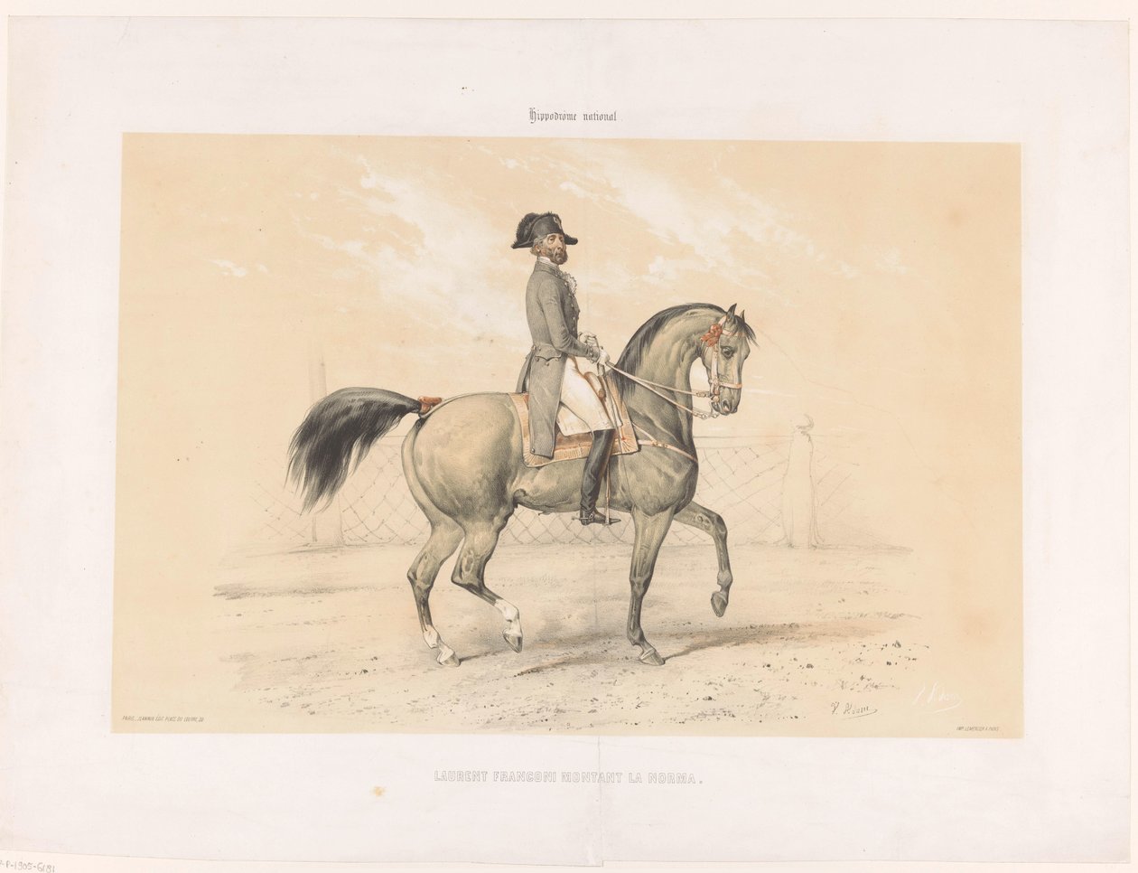 Laurent Franconi rider sitt sto Norma Laurent Franconi Montant la Norma. (titel på objekt) Hästar och ryttare på kapplöpningsbanan (serietitel) Hippodrôme national (serietitel på objekt) av Victor Adam