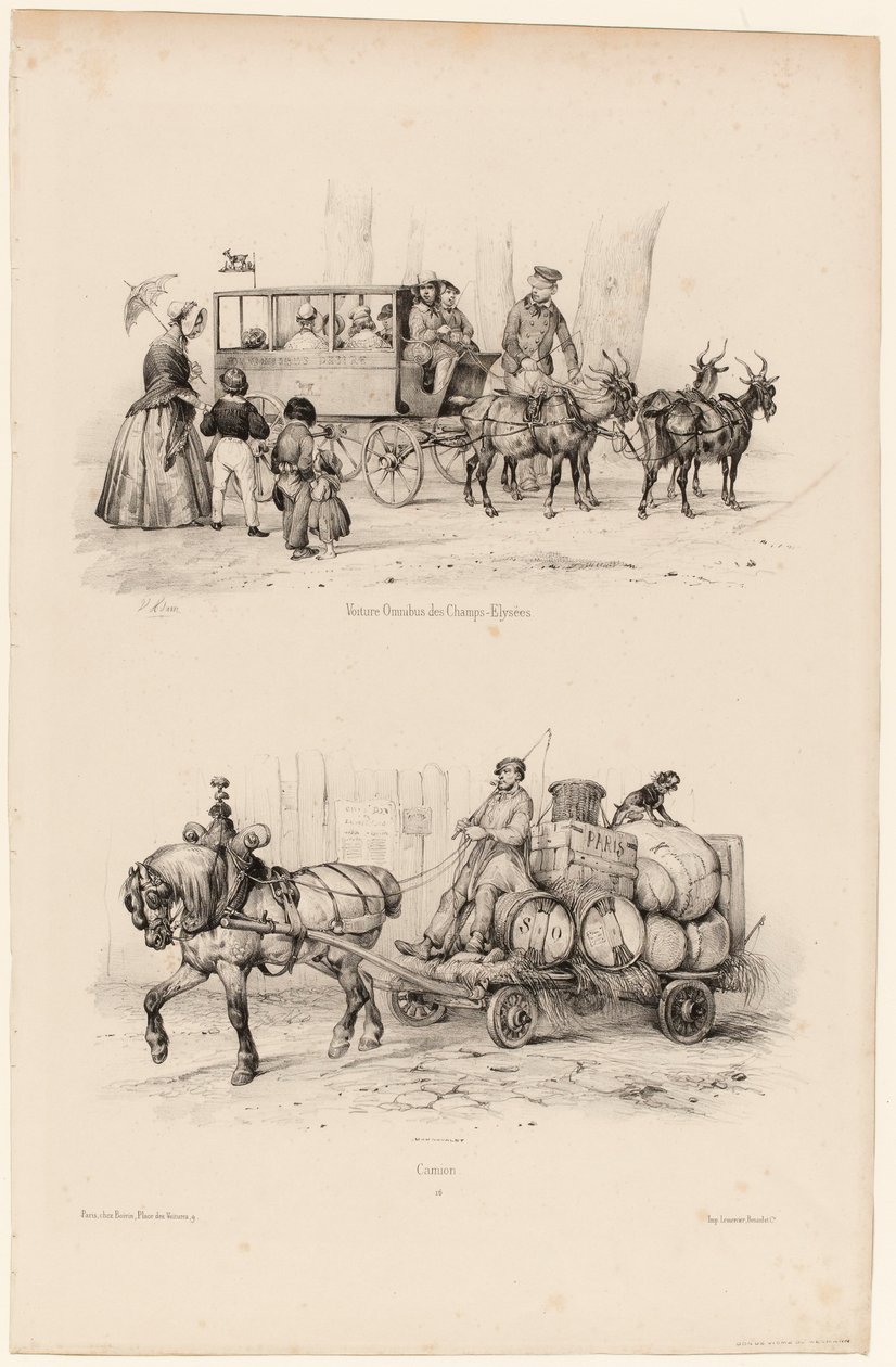 Omnibusbuss på Champs-Elysées, ca 1841-44 (tryck) av Victor Adam
