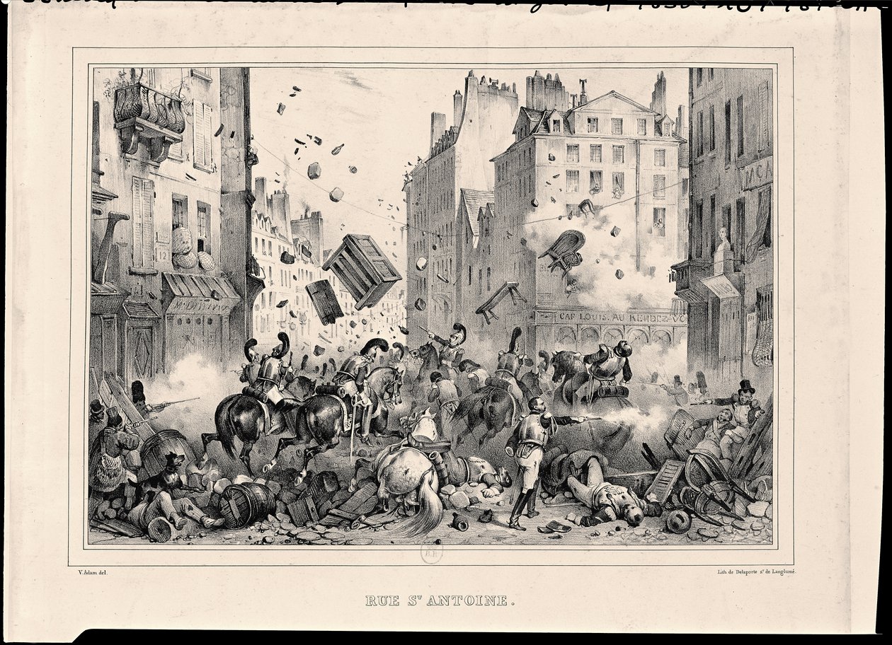 Rue Saint-Antoine i juli 1830, graverad av H. Delaporte av Victor Adam