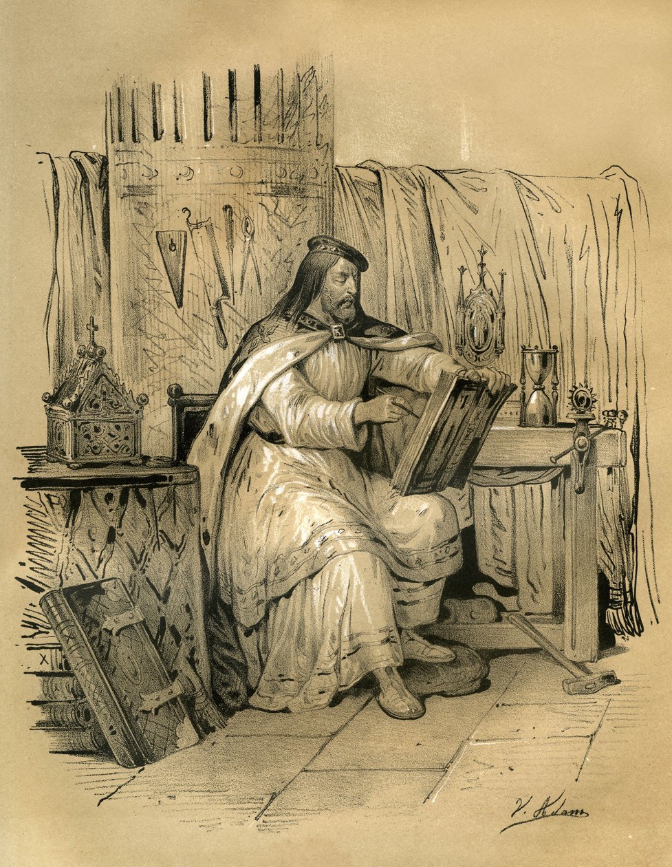 Saint Eloi (v.588-660) guldsmed och tresorier hos frankernas kung Dagobert 1, sedan eveque av Noyon från 641 till sin död. Gravyr av Victor Adam (1801-1866) i boken "France in the Middle Ages" utgiven av bröderna Ardant i mitten av 1800-talet av Victor Adam