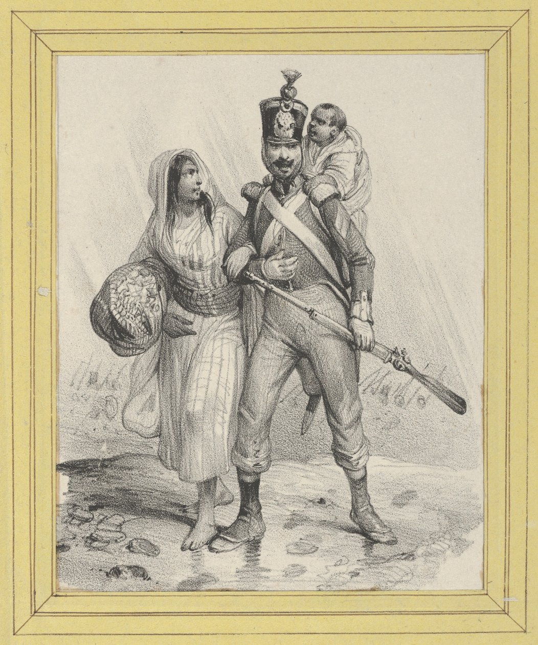 Soldat mit einer Frau am Arm und einem Kind auf dem Rücken av Victor Adam
