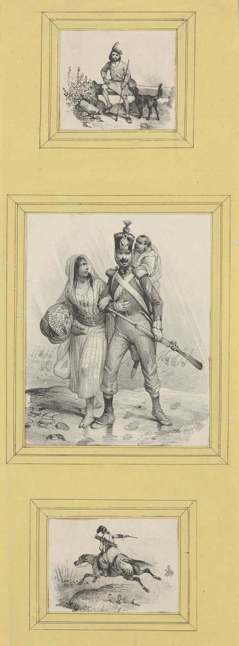 Soldaten und ein Highlander (3 Drucke unterschiedlicher Größe auf ein gelbes Blatt geklebt) av Victor Adam