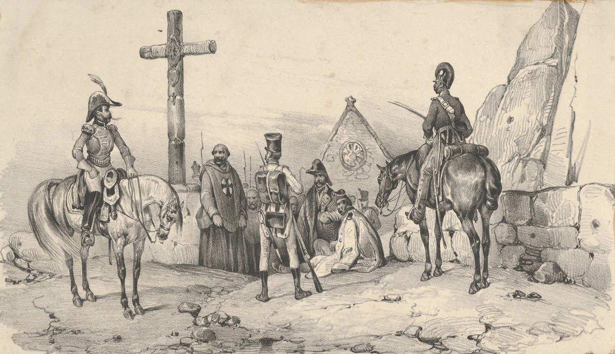 Soldater samlades framför en kyrka med präster och ett krucifix, mitten av 1800-talet. av Victor Adam