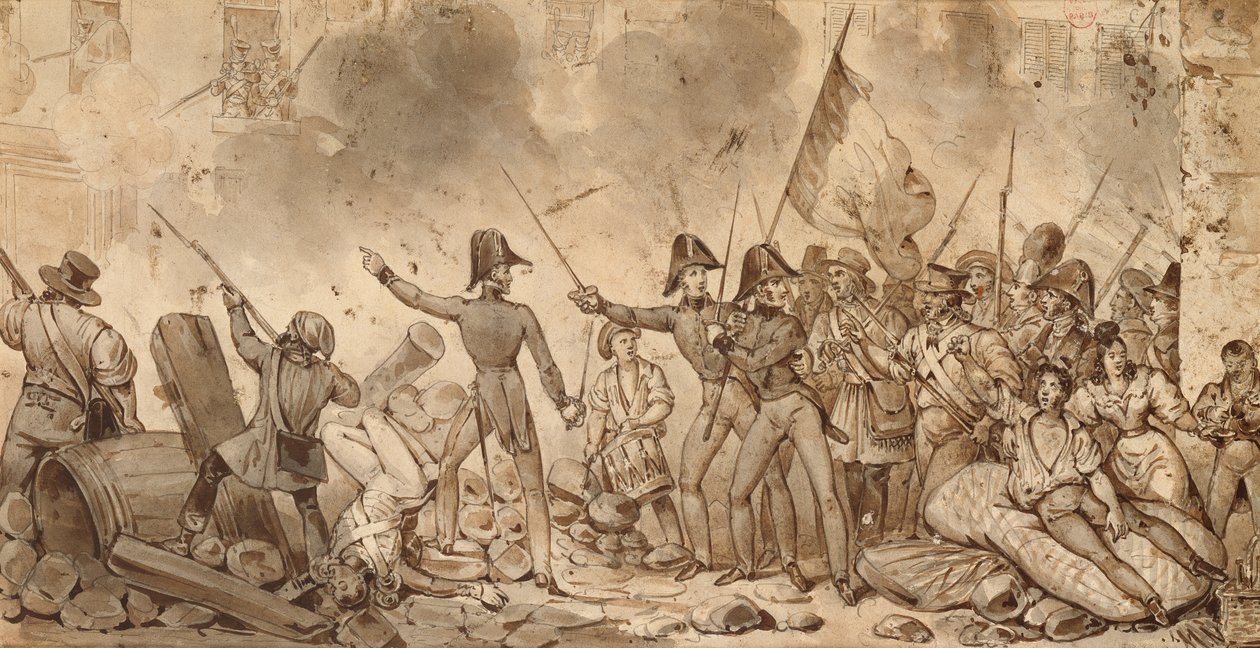 Tar barackerna i Rue de Babylone, 29 juli 1830 (ritning) av Victor Adam