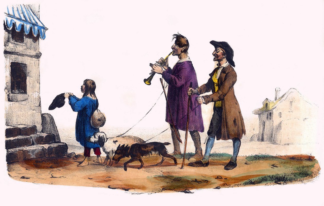 Två blinda ledda av hundar och ett tiggarbarn. I "" Album Grotesque, Choices of Outstanding Types", illustrationer av Victor Adam, Paris, cirka 1850. av Victor Adam