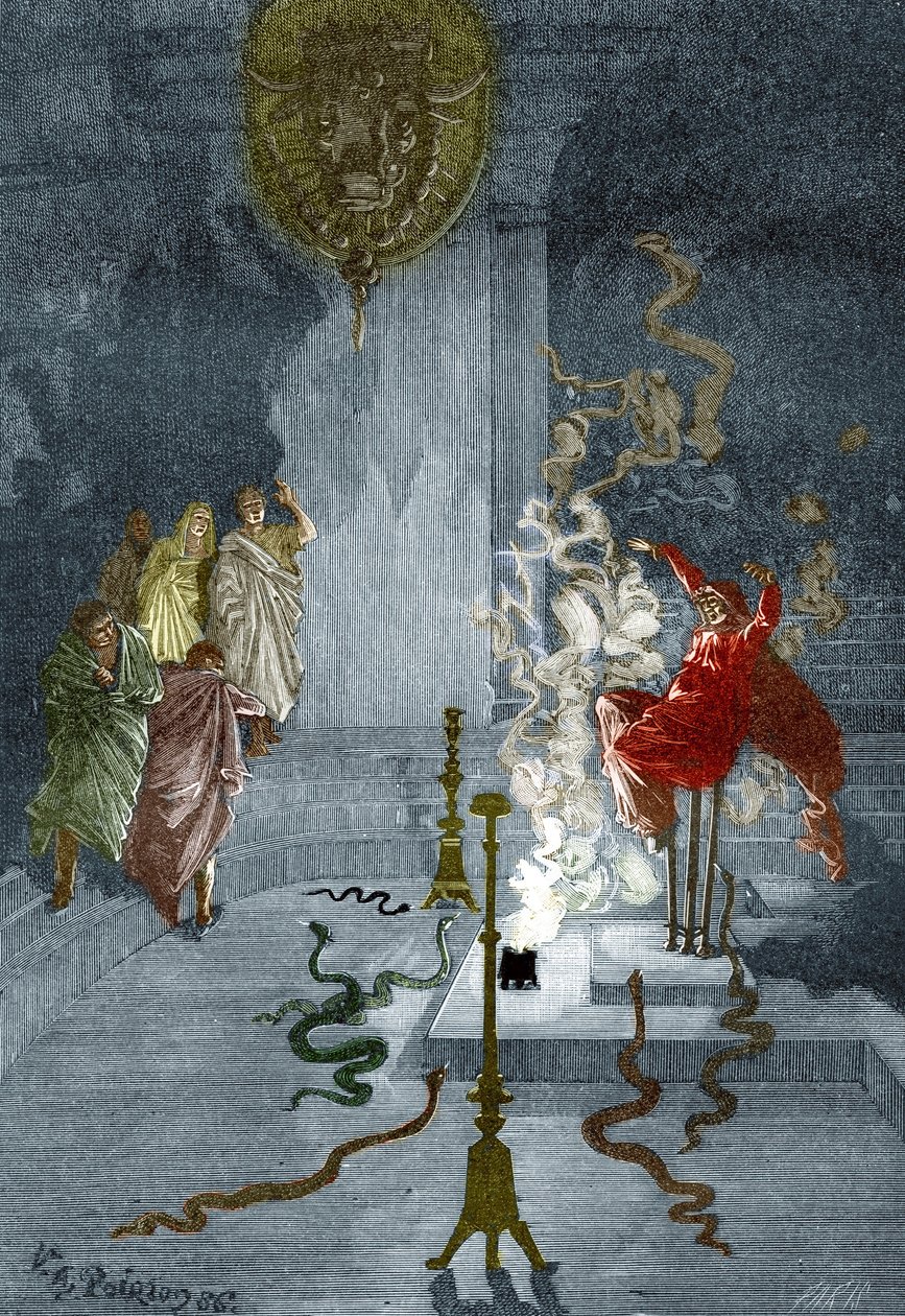 Antikens Grekland: "Representation av Pythia, prästinna vid Apollontemplet i det antika Grekland" Gravyr från "The Mysteres of Science" av Louis Figuier, privat samling av Victor Armand Poirson