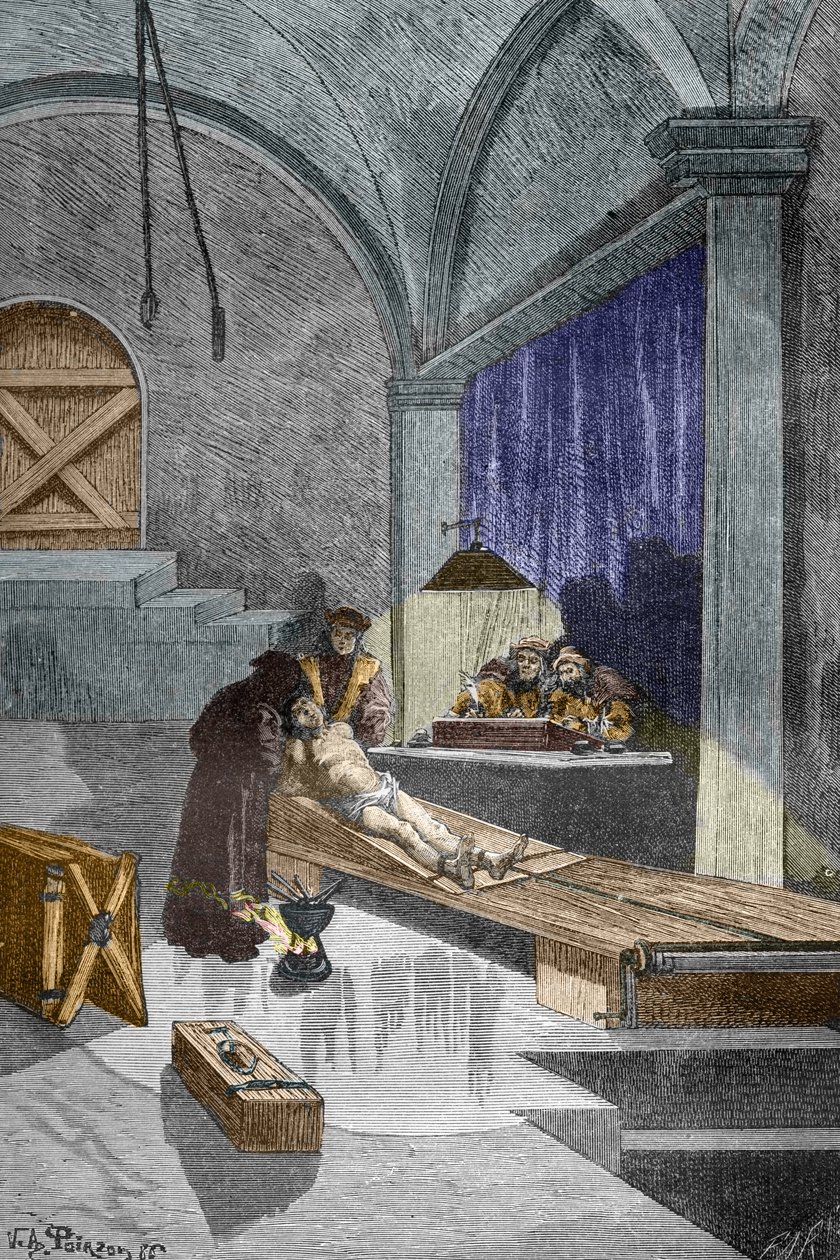 Prästen Pierre Aupetit anklagad för häxkonst tortyr innan han brändes levande, 25/05/1588 (gravyr) av Victor Armand Poirson