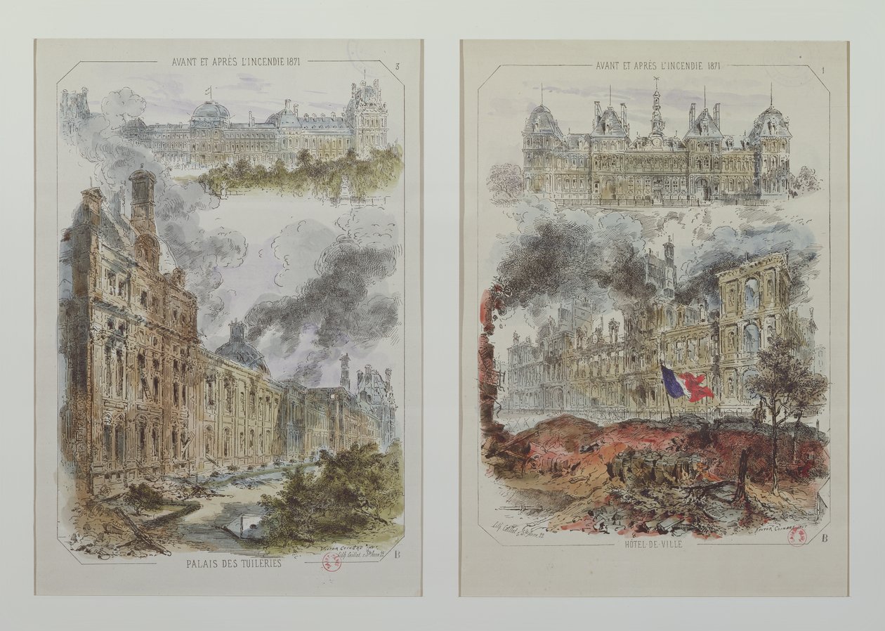 Utsikt över Tuileripalatset och Hotel de Ville före och efter bränderna 1871 av Victor Coindre