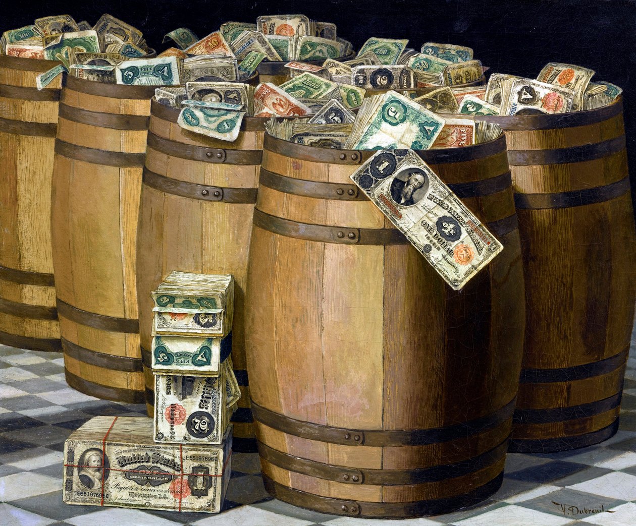 Barrels of Money, ca 1897 (olja på duk) av Victor Dubreuil