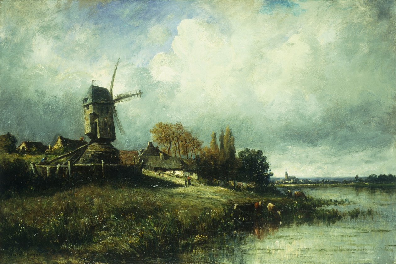 Ett flodlandskap med en väderkvarn, 1870 av Leon Victor Dupre