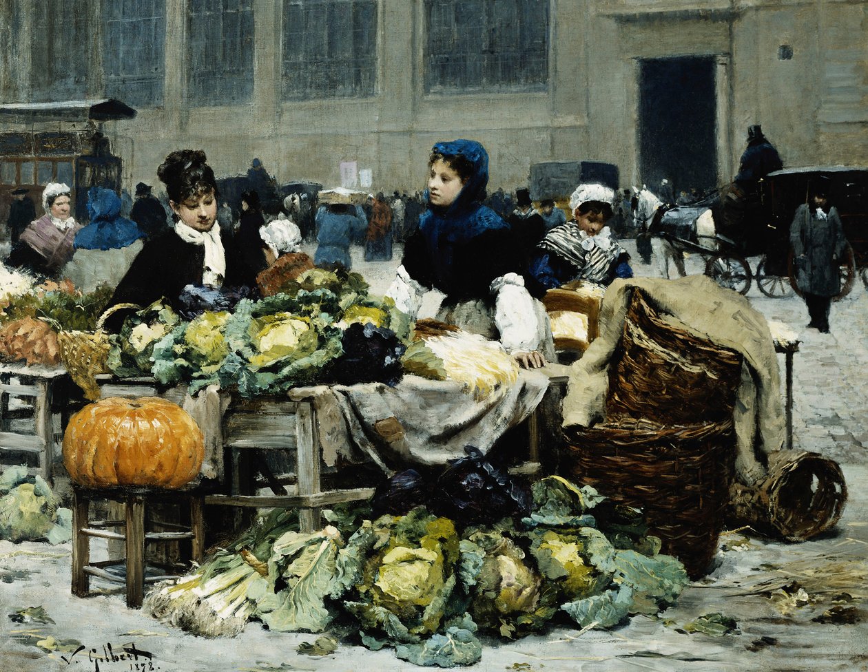 Ett grönsaksställ, på Les Halles Centrales, Paris, 1878 av Victor Gabriel Gilbert