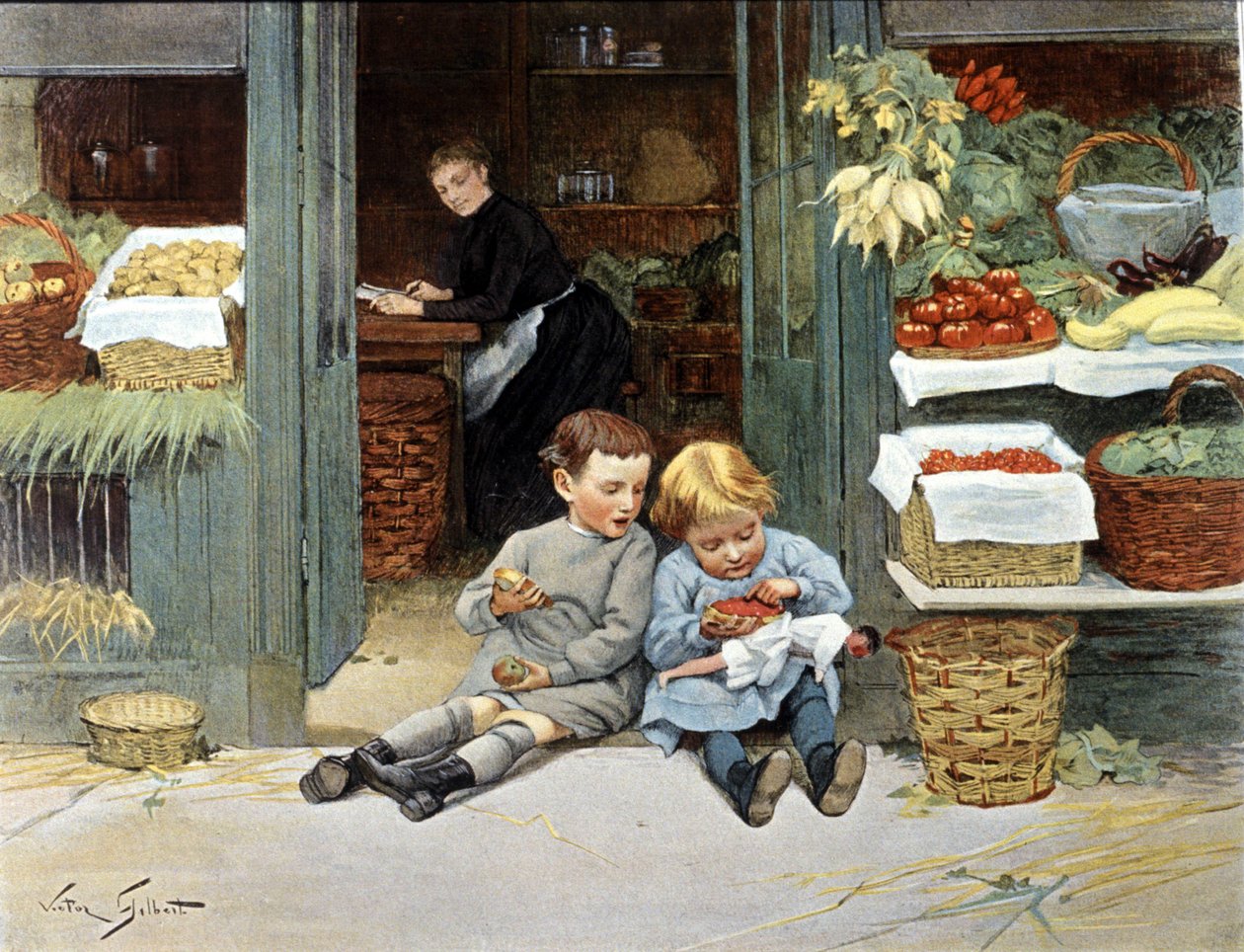 Två barn äter ett äpple och jordgubbar. Teckning av Victor Gabriel Gilbert