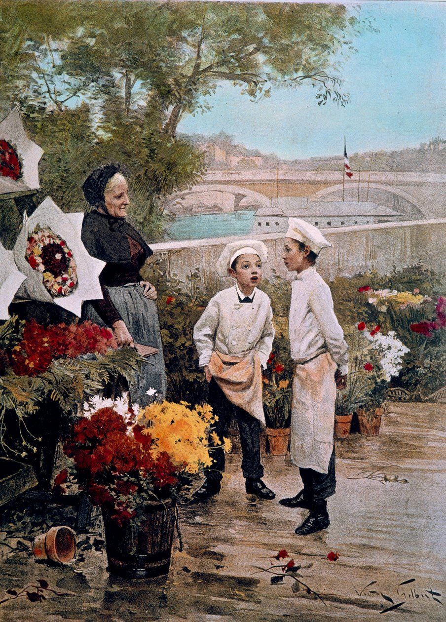 Skyddsfesten Lärlingar florister och en blomsteraffär på hamnen. Gravyr efter målningen av Victor Gabriel Gilbert (1847-1933) 1800-talet. Paris, dekorativ konst av Victor Gabriel Gilbert