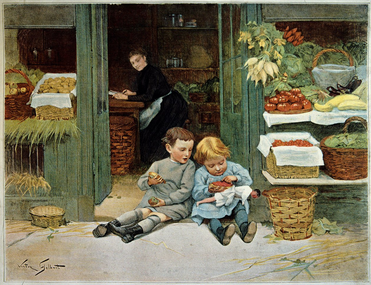 Tour honom. Barn äter rostat bröd framför sin mammas matvaror. Den lilla flickan har en docka på knäna. Målning av Victor Gilbert (1847-1935). Paris, Dekorativ konst av Victor Gabriel Gilbert