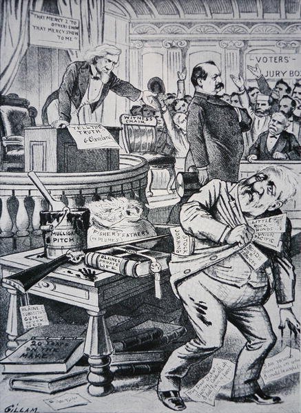 Grover Cleveland (1837-1908) berättar sanningen om sitt privatliv, medan hans motståndare James Blaine (1830-93) framställs som korrupt. av Victor Gillam