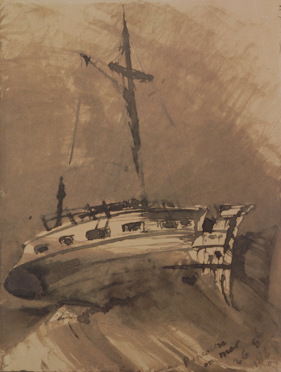 A Ship in Choppy Seas, 1864 (penna och bläcktvätt på papper) av Victor Hugo