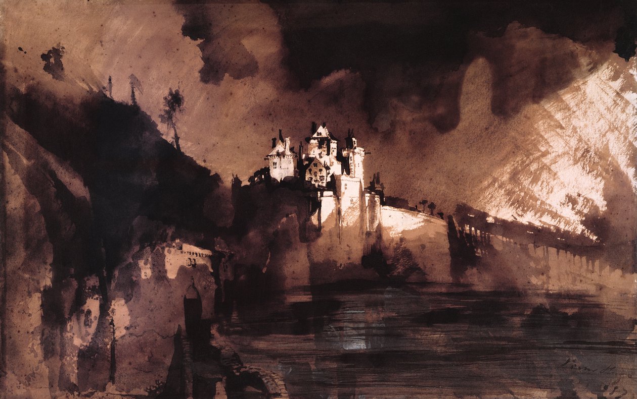 Slott (penna, bläck, tvätt och gouache på papper) av Victor Hugo