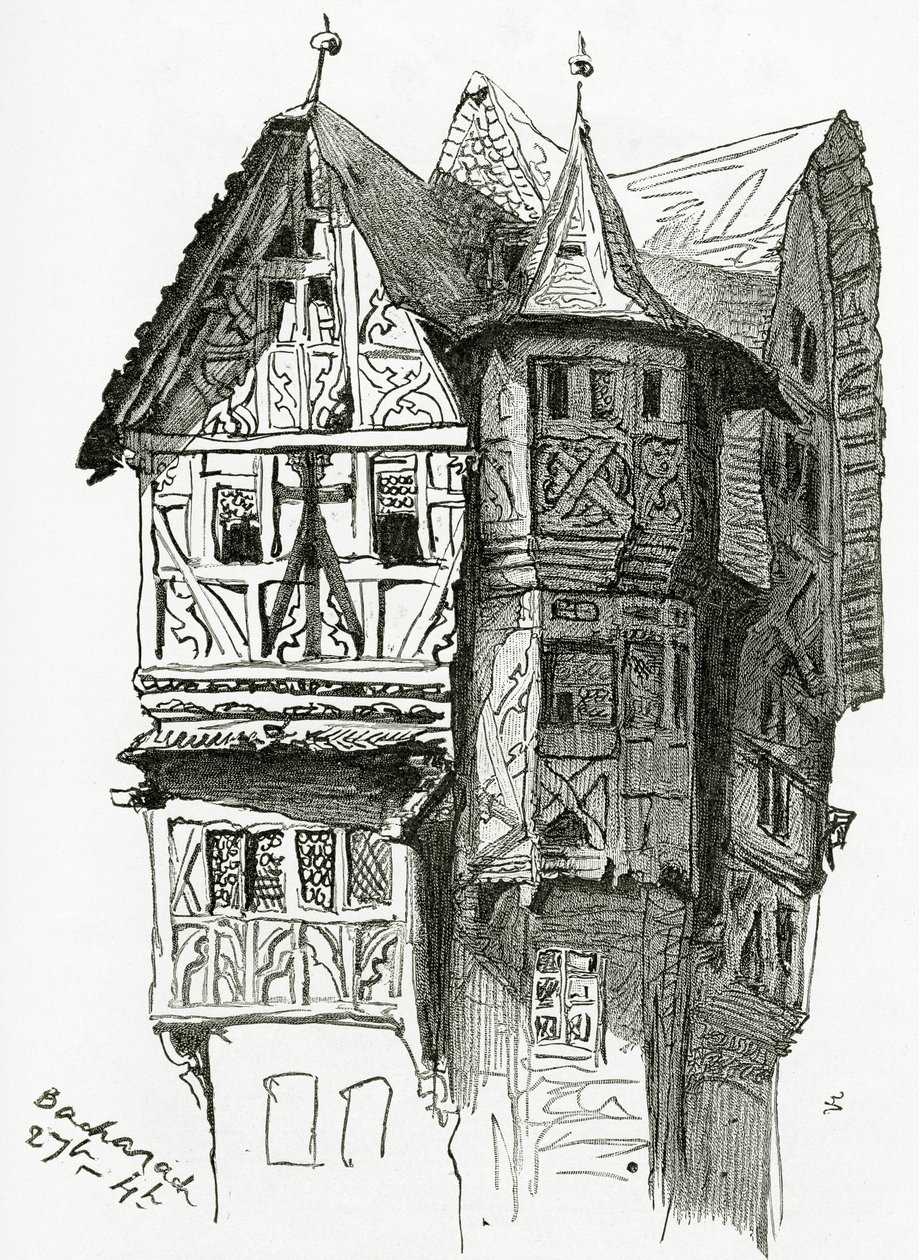 Hus i Bacharach vid floden Rhen, 1800-talet (bw gravyr) av Victor Hugo