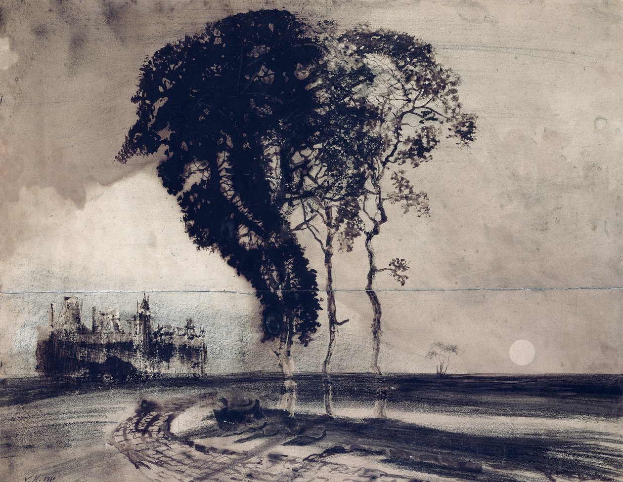Landskap med tre träd, 1850 (kol, penna och indisk bläck och tvätt på papper) av Victor Hugo