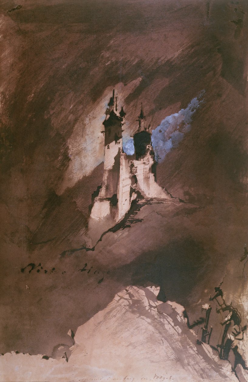 Minne av ett slott i Vogeserna, 1857 (penna och bläck, tvätt och gouache på papper) av Victor Hugo