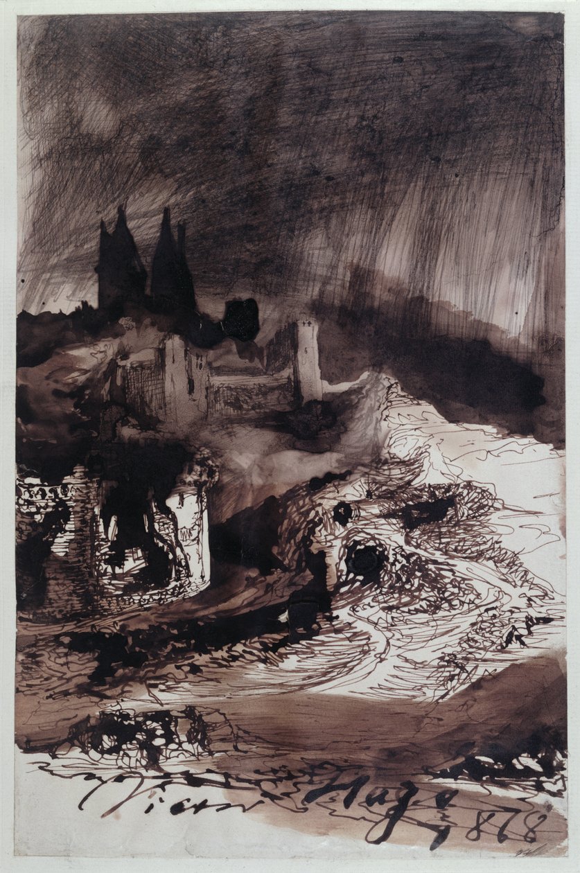 Slottet, 1878 (penna, bläck och tvätt på papper) av Victor Hugo