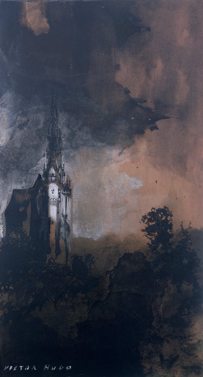 Slottet i månskenet (penna och indisk bläck, sepia och gouache på papper) av Victor Hugo