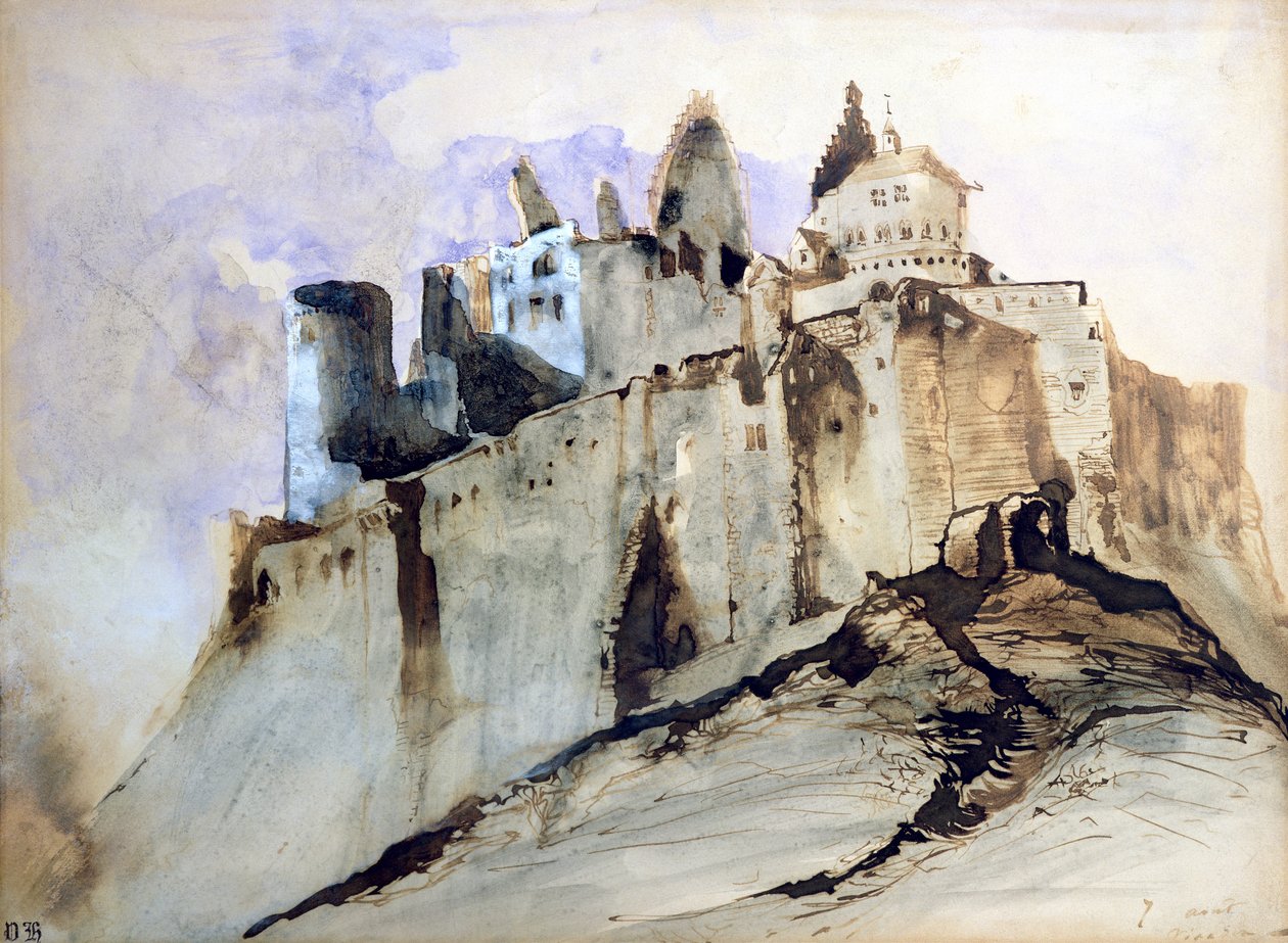 Chateau de Vianden, 1871 (wc, penna och bläck och tvätt på papper) av Victor Hugo