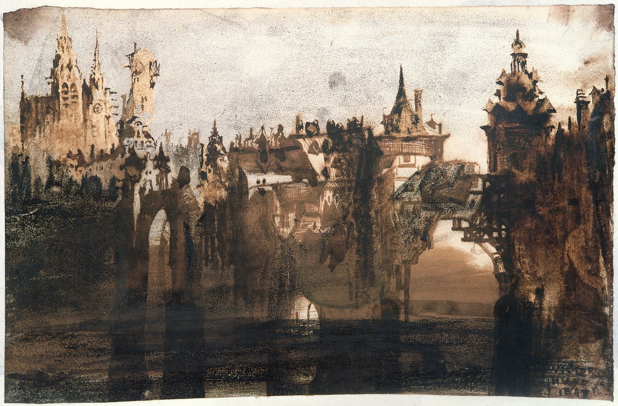 Stad med en bruten bro (grafit, indiskt bläck och sepia på papper) av Victor Hugo