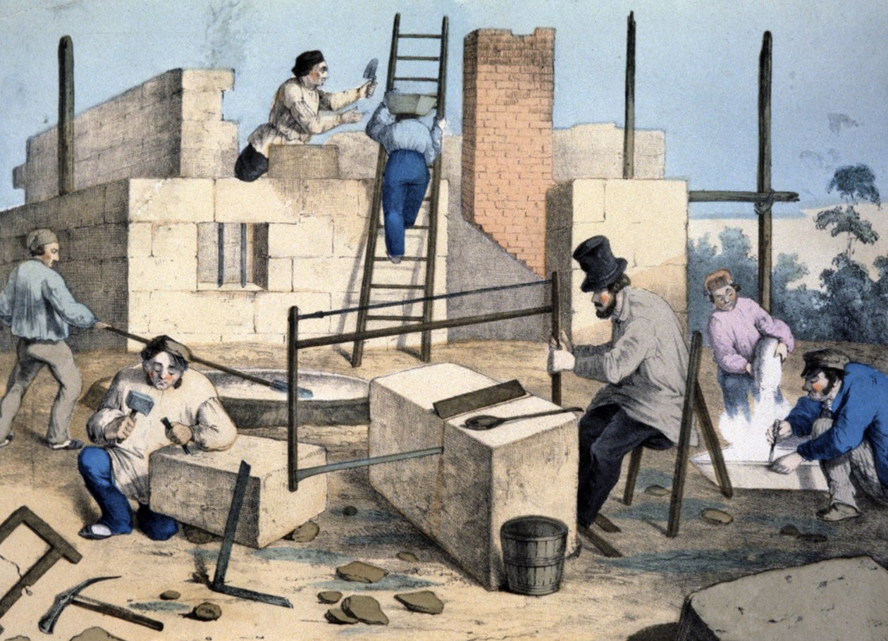Husbygge, ca 1860 (litografi) av Victor Janson